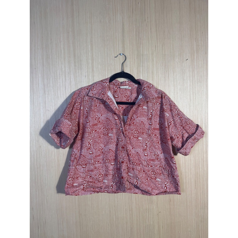 Julia Amory Womens XS Red White Block Print Cotton Cropped Button Down Shirt